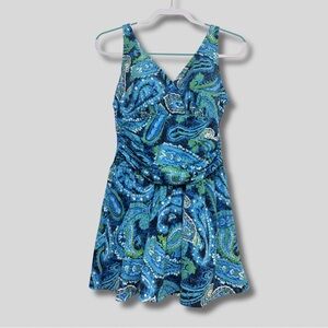 Denim & Co Beach Blue and Green Paisley Swim Dress Full Coverage